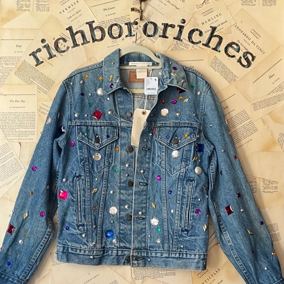 Free People x Tricia Fix Dazzled Denim Jacket Uncycle Reworked Jewels Studded - Picture 3 of 12